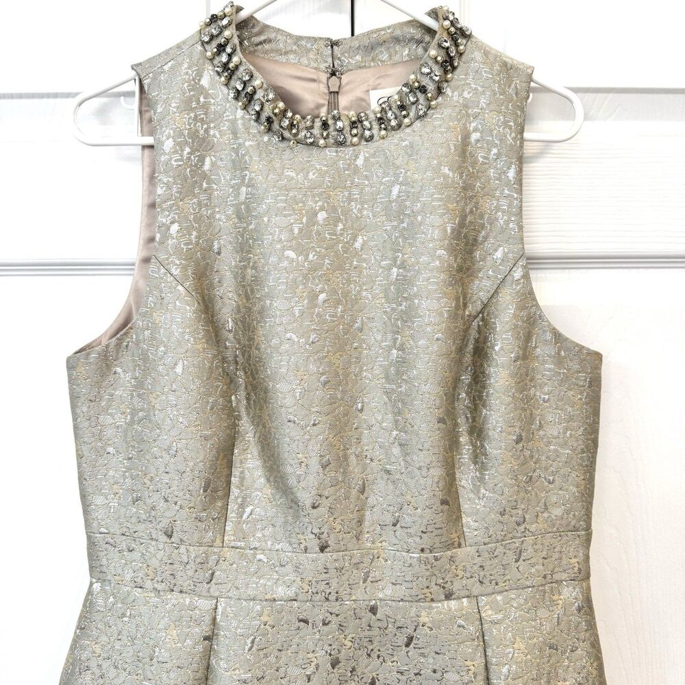 Eliza J Gold Metallic Jacquard Fit & Flare Cocktail Party Dress Beaded Sz 14 - Picture 4 of 10
